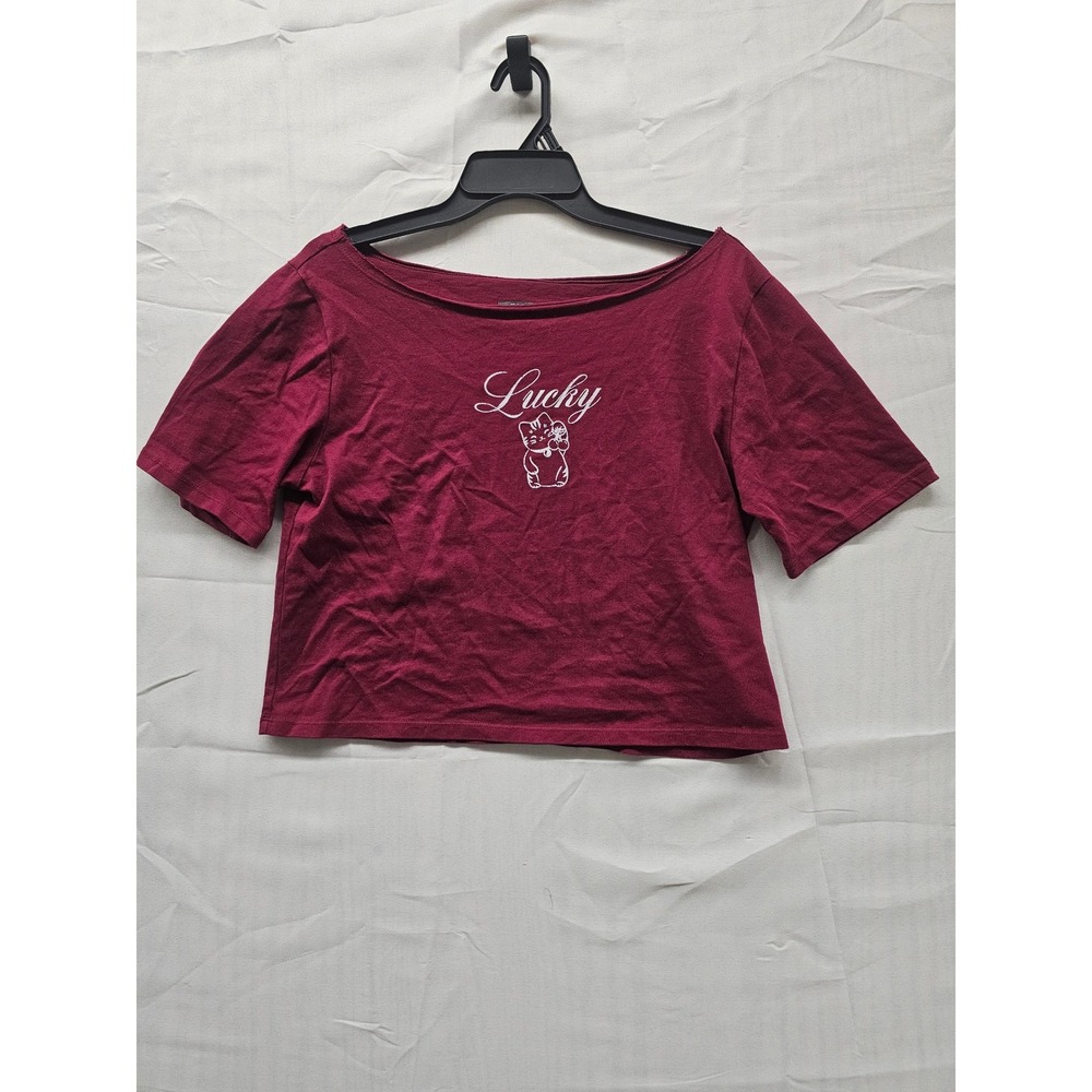 Wild Fable Lucky Cat‎ Graphic Crop Top Maroon Burgundy Short Sleeve XS 331019544